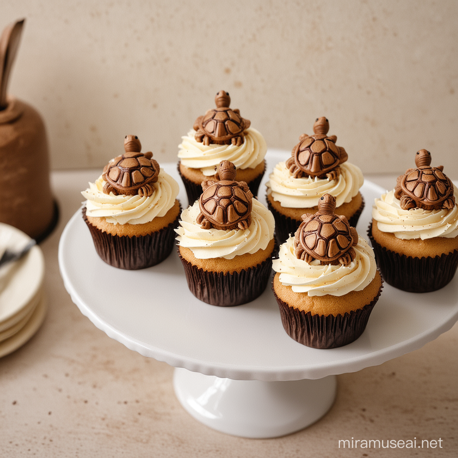 Des cupcakes avec des décorations de tortues marron et beige. Dans une cuisine.