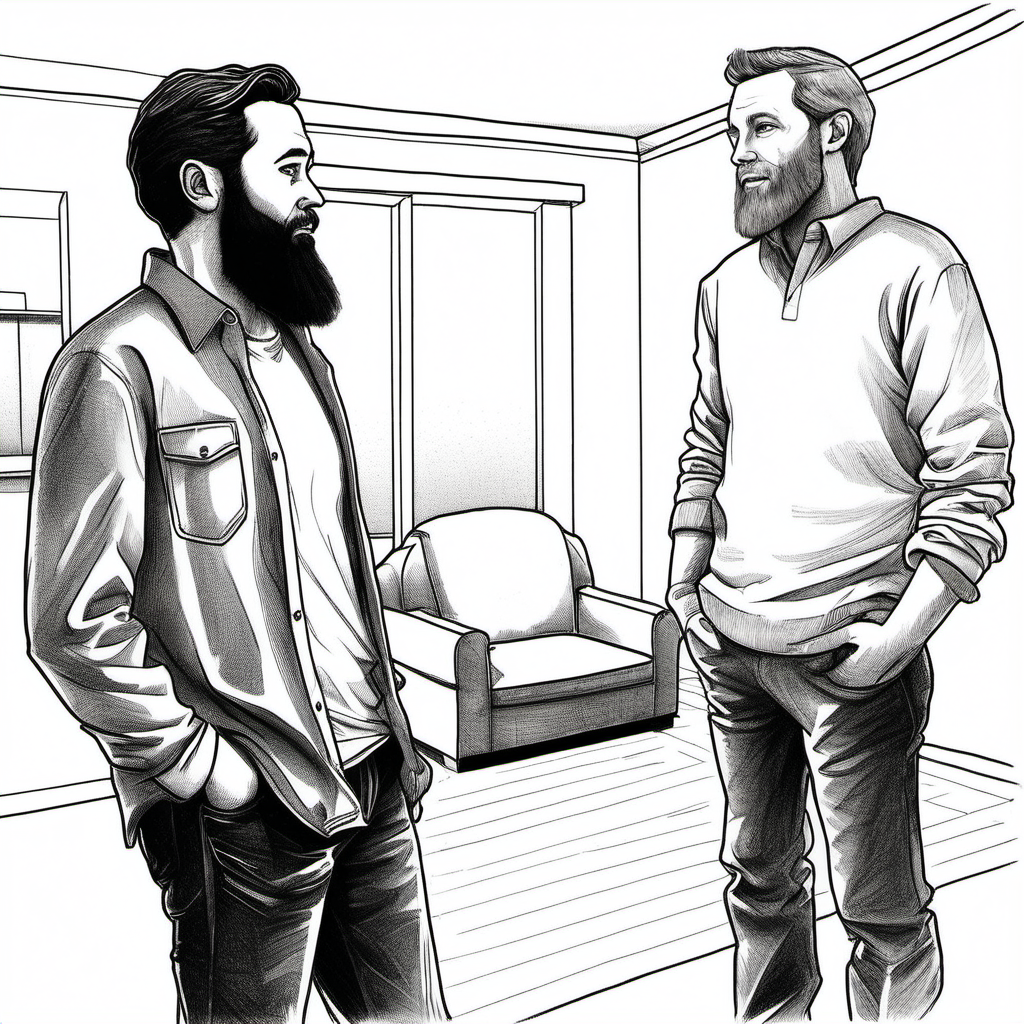 black and white drawing of TWO white guys dressed casually in white in casual living room, standing and talking, with white background; ONE guy has beard