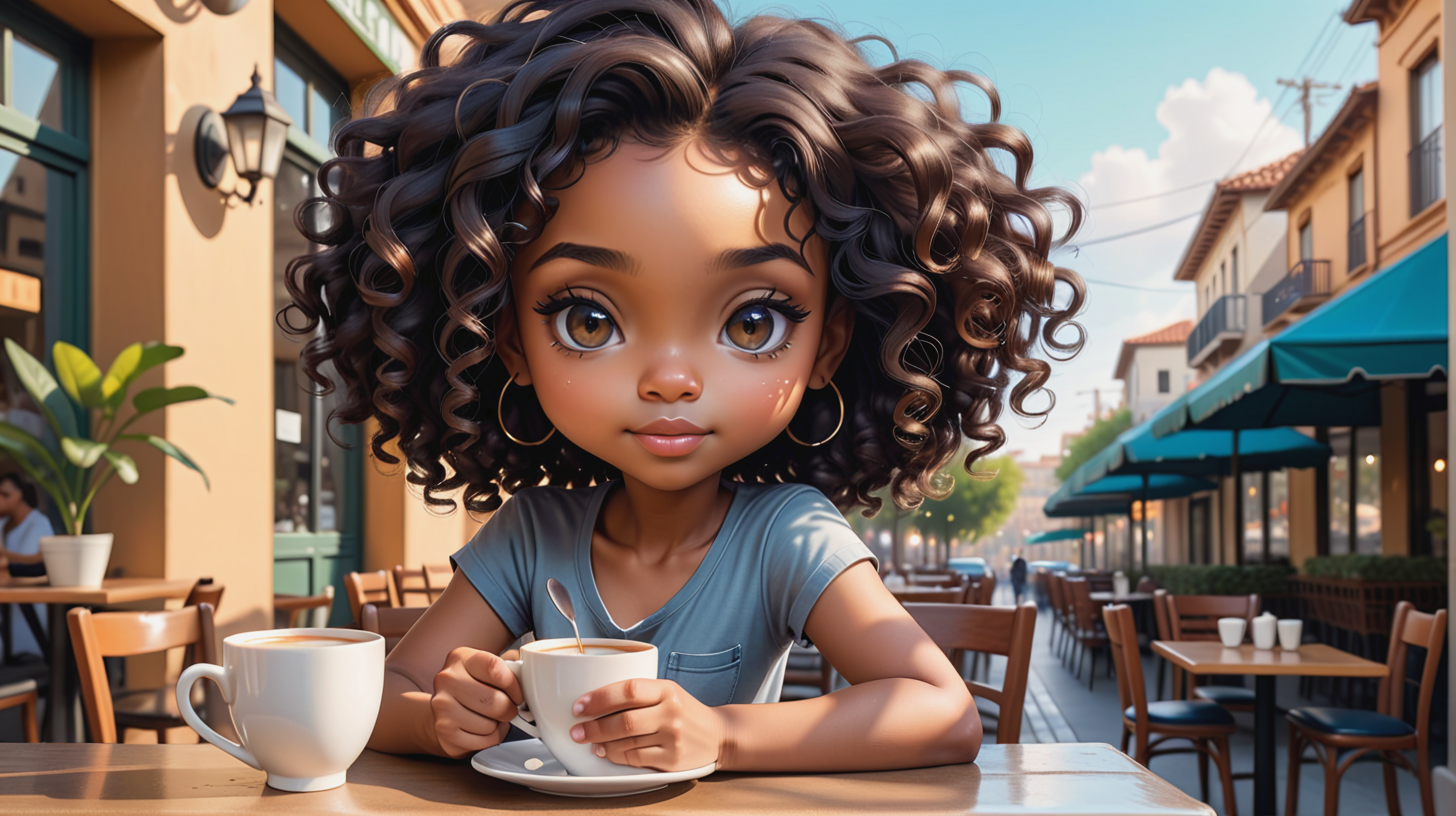 Create a 8k airbrush oil painting of a chibi-proportioned African American woman sitting at a cafe table. She has voluminous, curly black hair framing her face, with large expressive eyes and long eyelashes. The character is holding a transparent cup of tea with both hands, close to her mouth as if she's about to take a sip. She wears a casual, stylish outfit consisting of a short-sleeved, round-neck grey T-shirt and high-waisted blue jeans with subtle white distress marks. The jeans have a prominent button and realistic seams.  The artwork has a 10x10 aspect ratio and is set against a background of blurred streetscape that suggests a quiet urban setting with greenery and cafe furniture. The overall color palette of the image is rich and vibrant, with an emphasis on blues and earth tones, giving a cozy, inviting atmosphere.  designed for clip art usage.