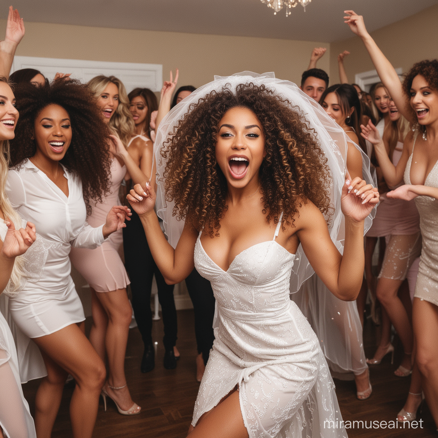 beautiful racially ambiguous woman twerking at her bachelorette party. She has big curly hair. Her friends are all cheering her on. She has on a veil and a sexy white dress


