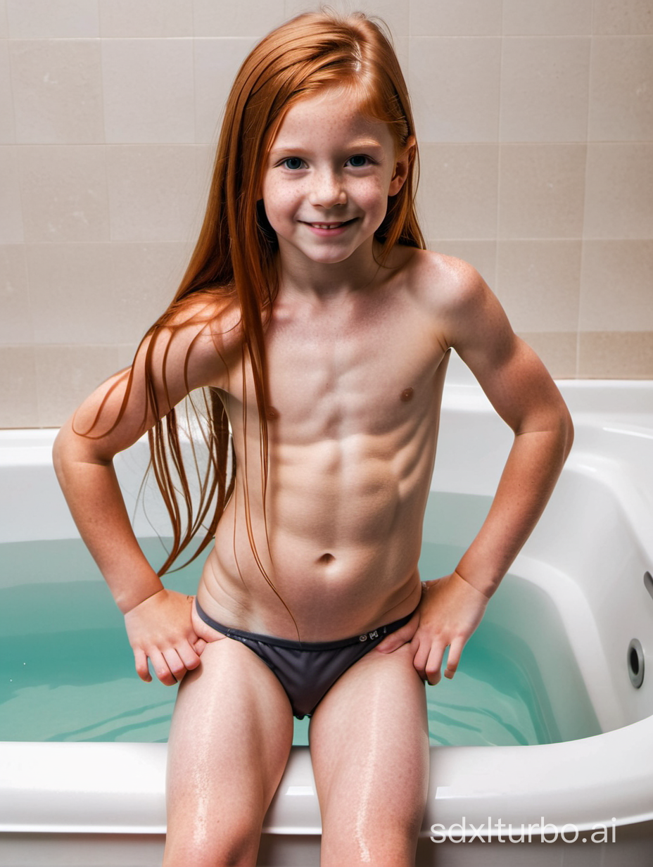 8 years old, long ginger hair, flat chested, very muscular abs, showing her belly, bathing