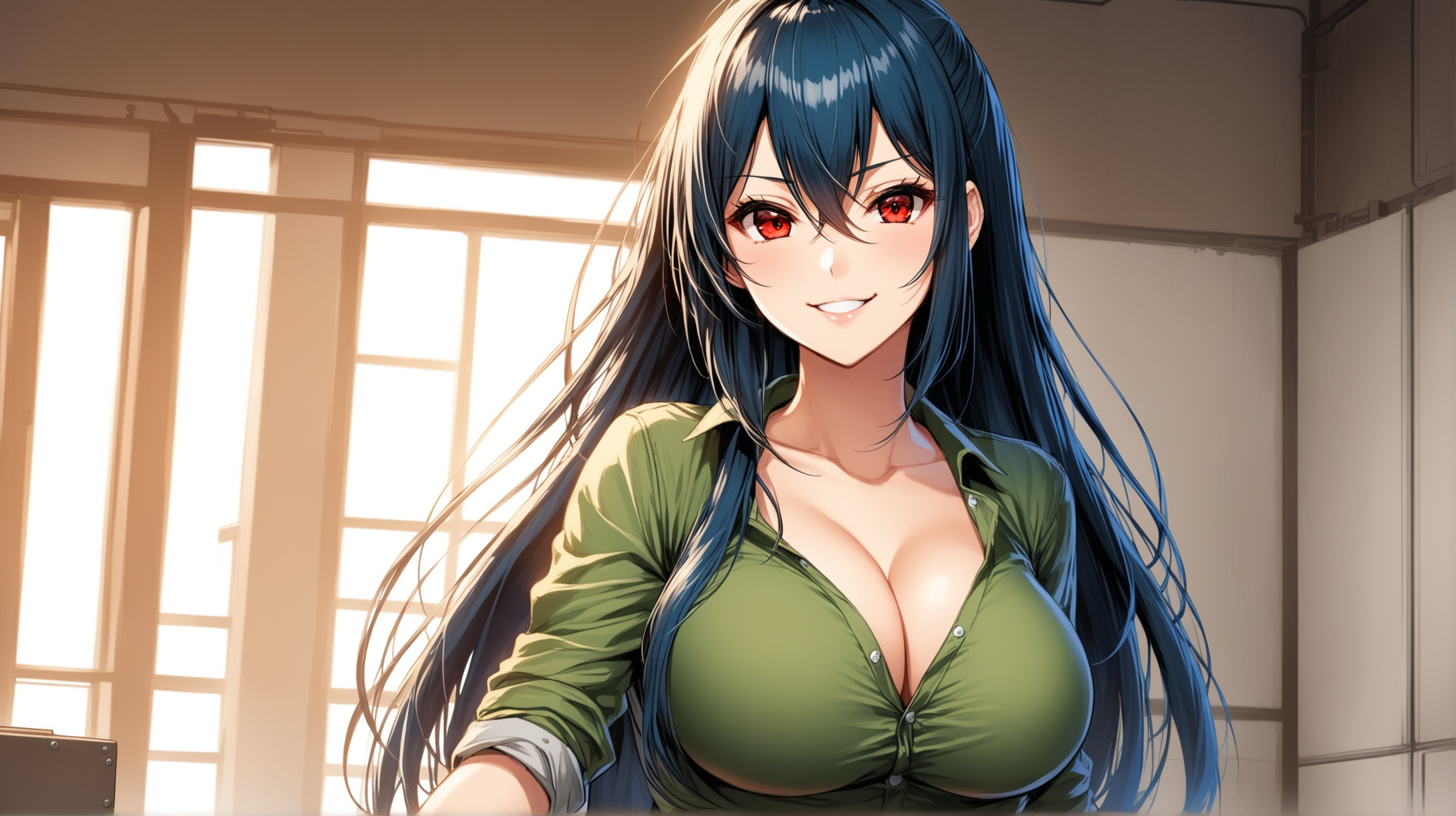 Draw the character Taihou from Azur Lane, red eyes, long hair, high quality, indoors, in a casual pose, wearing an outfit inspired from the Fallout series, smiling at the viewer