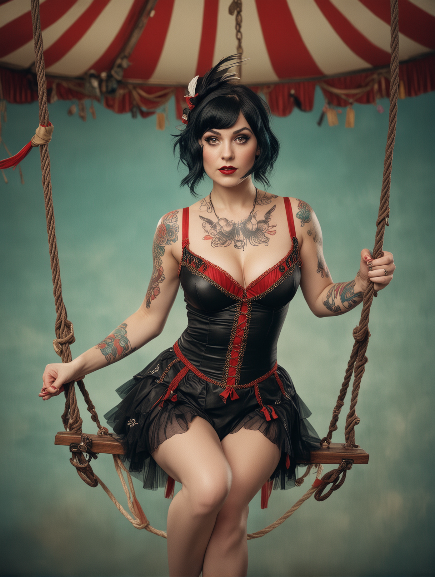 circus, in the style of whimsical yet eerie symbolism, American 1920's circus, light cyan and red palette, close up portraiture, well built busty female acrobat with black hair, wearing a pirate themed outfit, pirate hat, leotard and tutu, covered in tatoos, sitting on a trapeze swing, nature-inspired pieces, circus costumes, ultra details