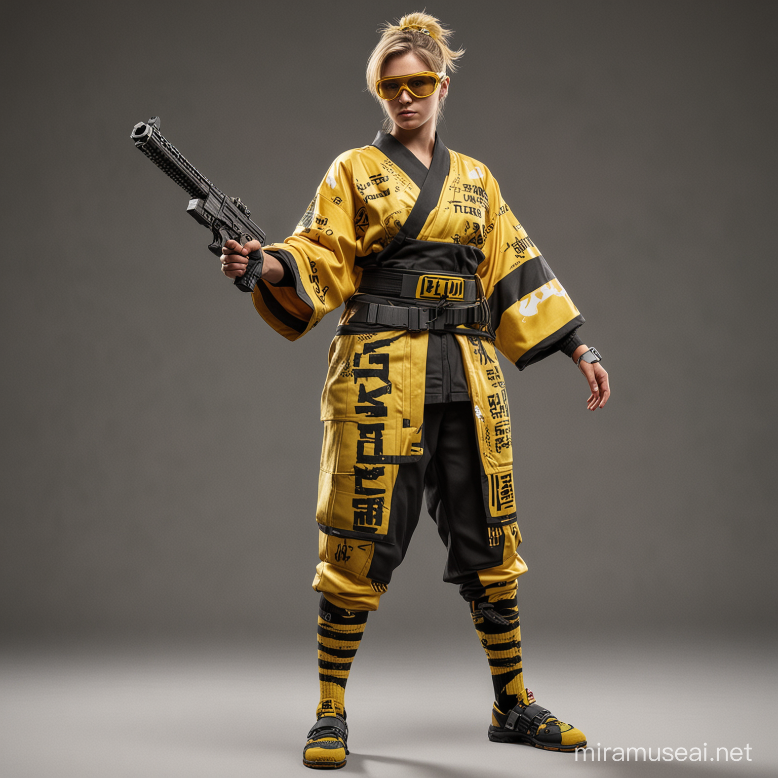 a light player model from the THE FINALS video game, wearing a yellow-and-black tactical kimono and tabi socks, wielding an uzi with the words "THE FINALS" written on the blade. their goggles are yellow and reflective