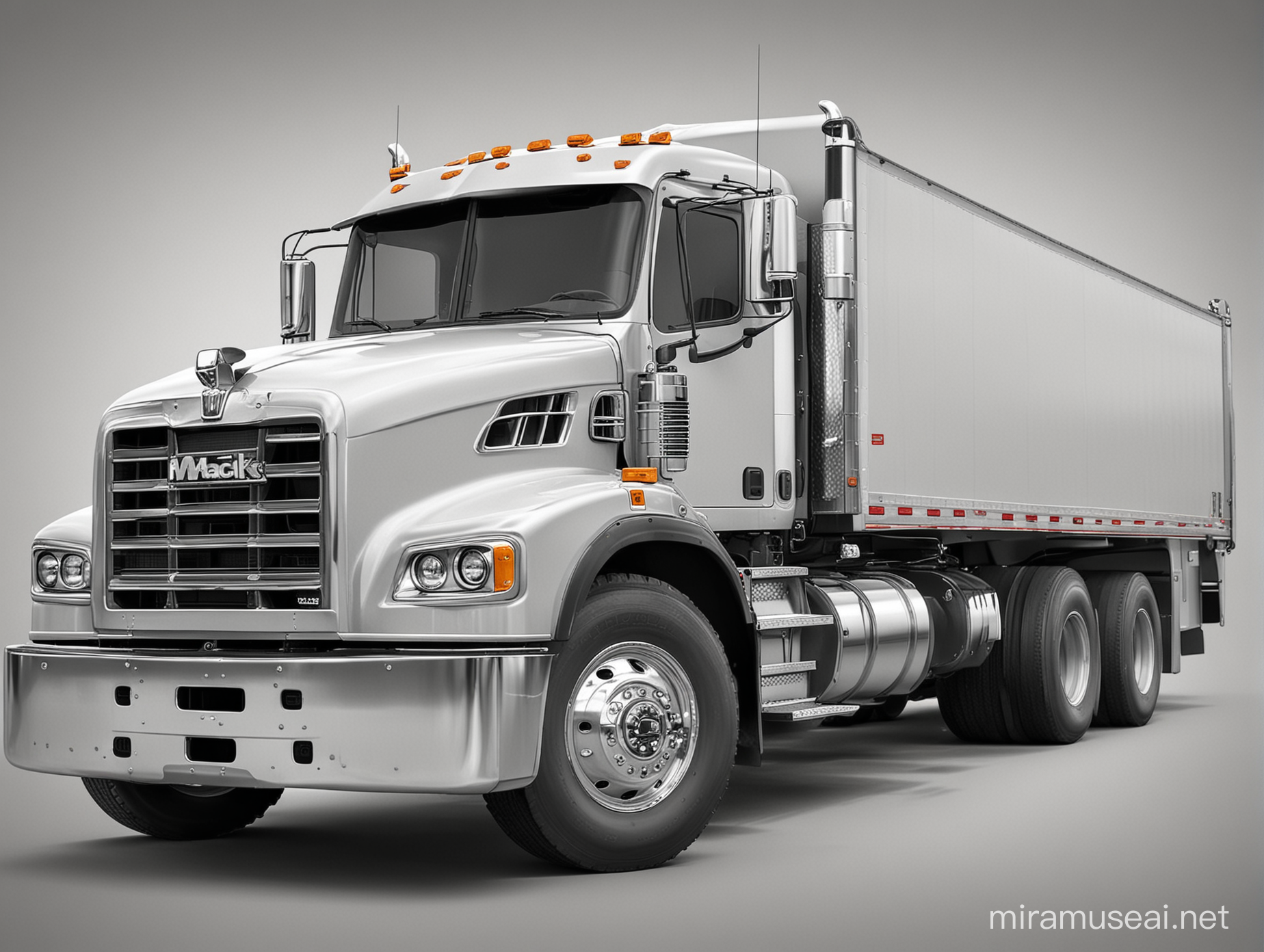 The picture for coloring 
	black and white sketch
 *Realistic detailed front view of a Mack truck.
 * Semi-trailer truck.
 * Mack logo on the front.
 * Set against a white background.
 * Use a realistic style.
 * Add shading and highlights to give the truck a 3D look.
