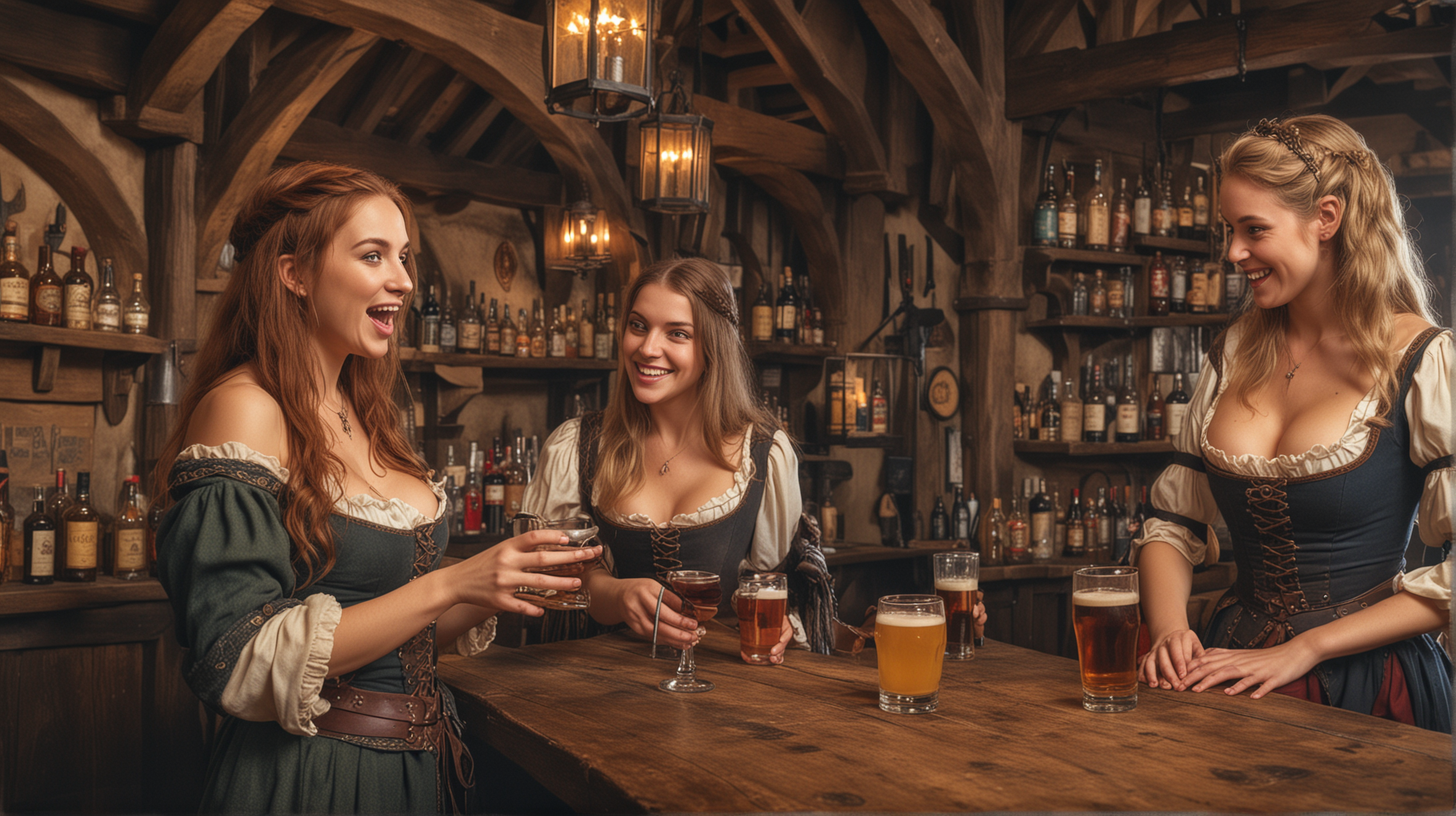 medieval bar full of adventurers being served by two happy bar wenches in skimpy clothes