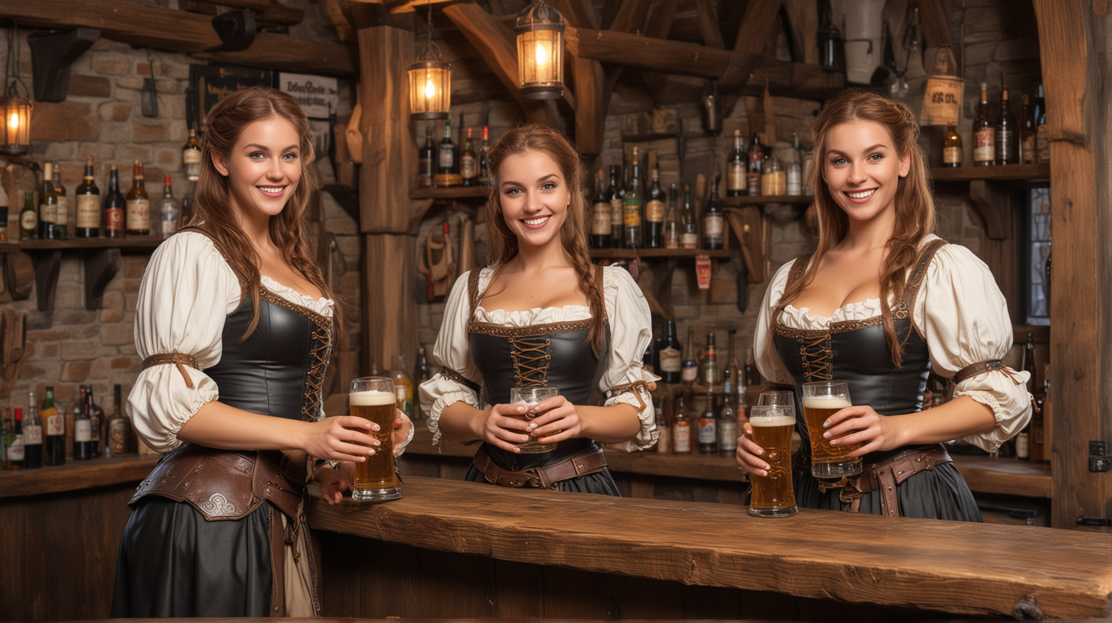 medieval bar with two happy bar wenches in skimpy clothes serving adventurers beer