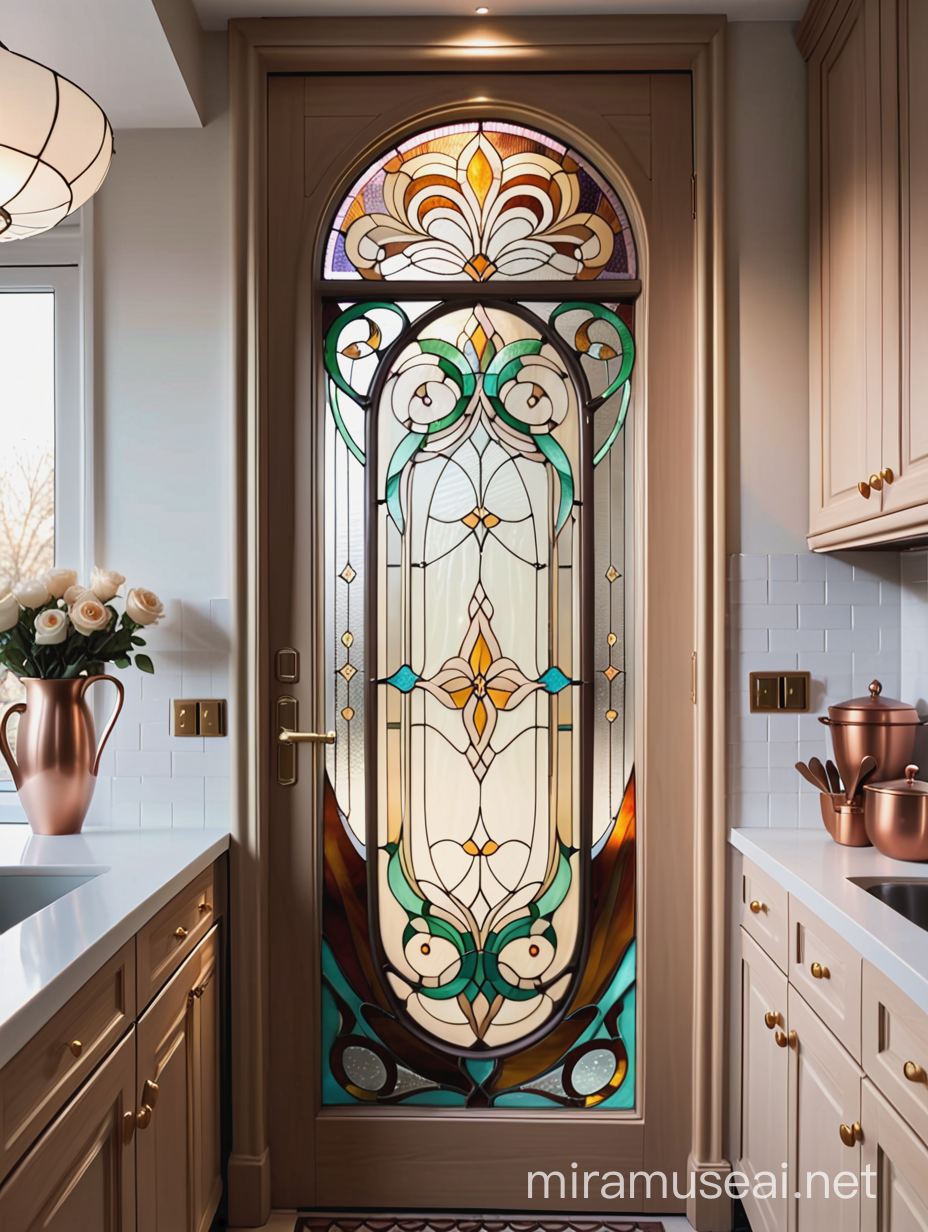 изысканная витражная дверь тиффани, в стиле ар нуво, с красивыми плавными линиями, из бежевого и белого цвета стекла, на кухне
