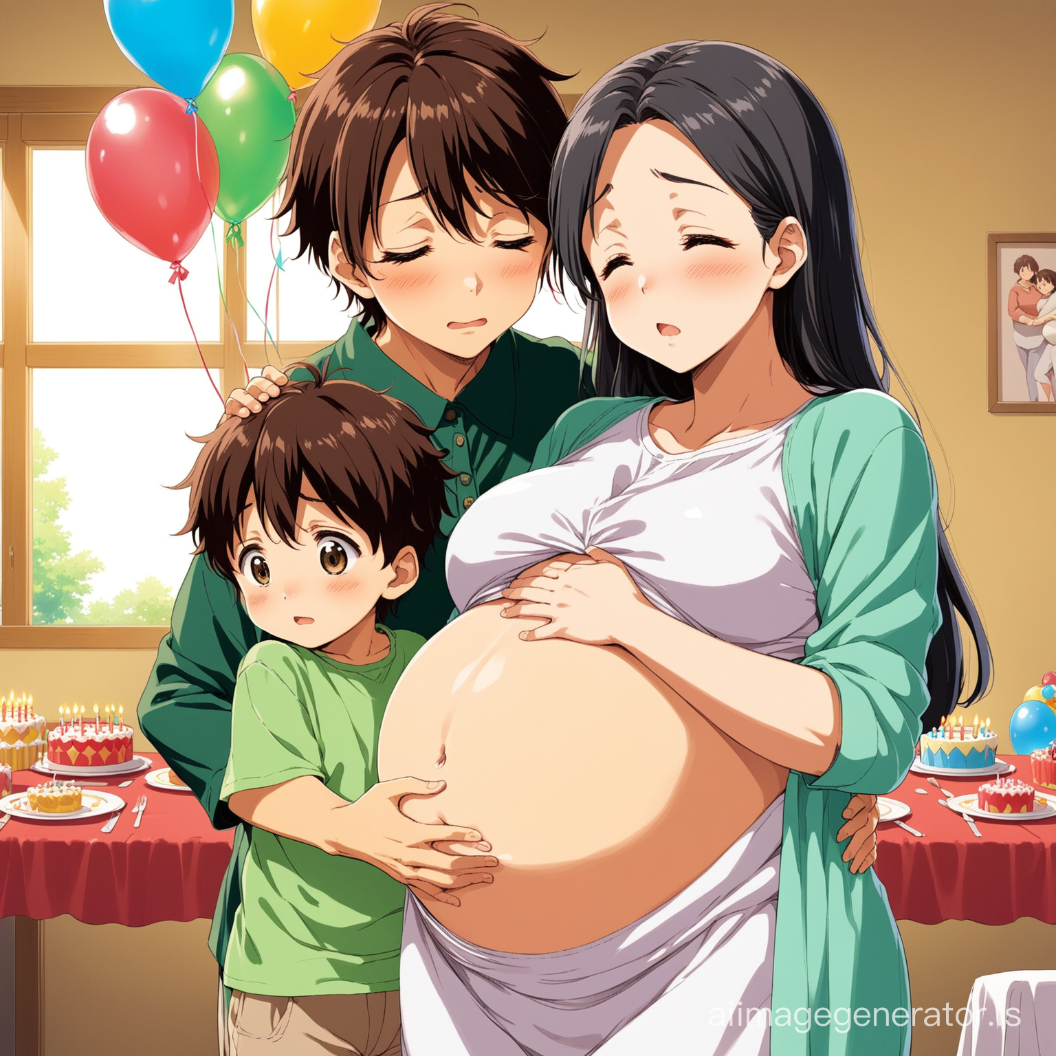 (ghibli anime) pregnant mother hurts at contractions with little son hugging his mommy's stomach in (birthday party)