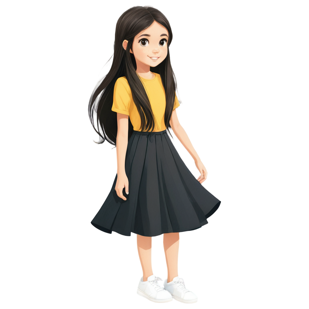 Cartoon drawing for Children's book. Draw A beautiful little girl with white skin, big light brown eyes and long black hair. She is around 13 years old. She is wearing a yellow dress and white shoes. 