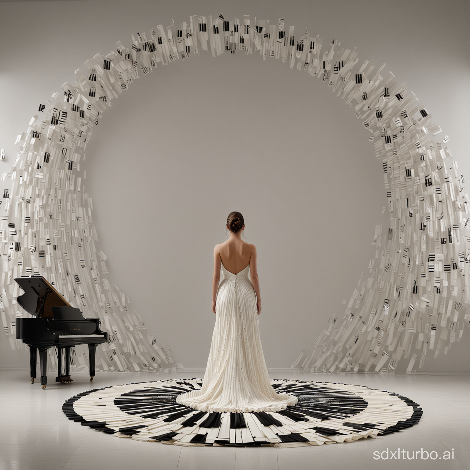 Hyper realistic high definition photography of a women standing sideways, her gown light cream white and black, her gowns trail fanned out behind her in a huge semi circle shape, denotes the keys of a Piano, the design is like piano keys, behind her bursts out notations in black colour, bursting out into the white wall behind her. UHD 64K resolution.