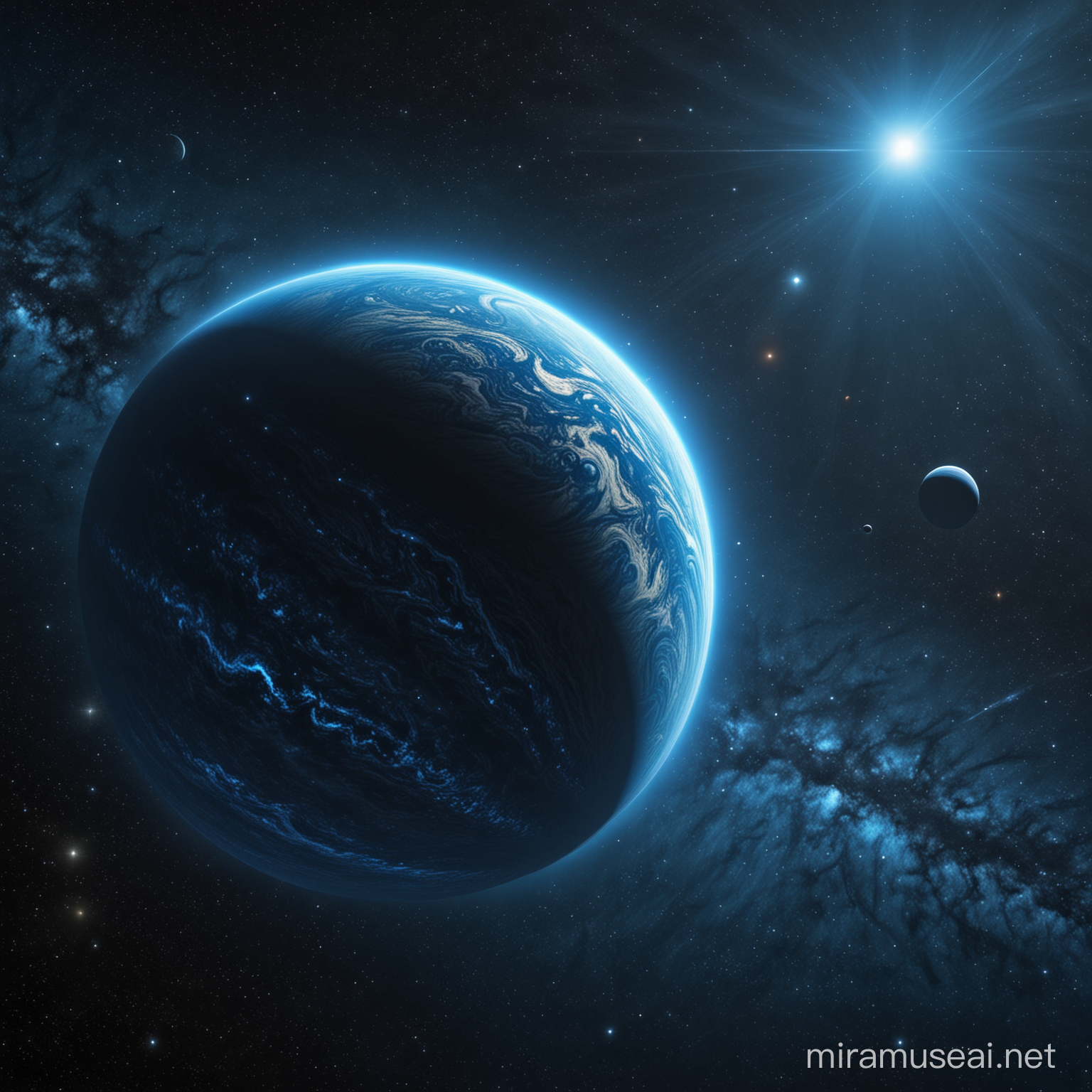 A Gas Giant exoplanet with azure blue hue and beautiful dark blue cosmic background.
