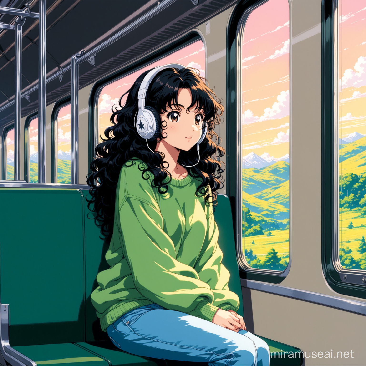 90s anime, detailed,scenic,pretty black with medium length puffy black curly hair sitting in a train and wearing headphones, girl should be looking out the window and wearing a sweater, jeans and converse shoes