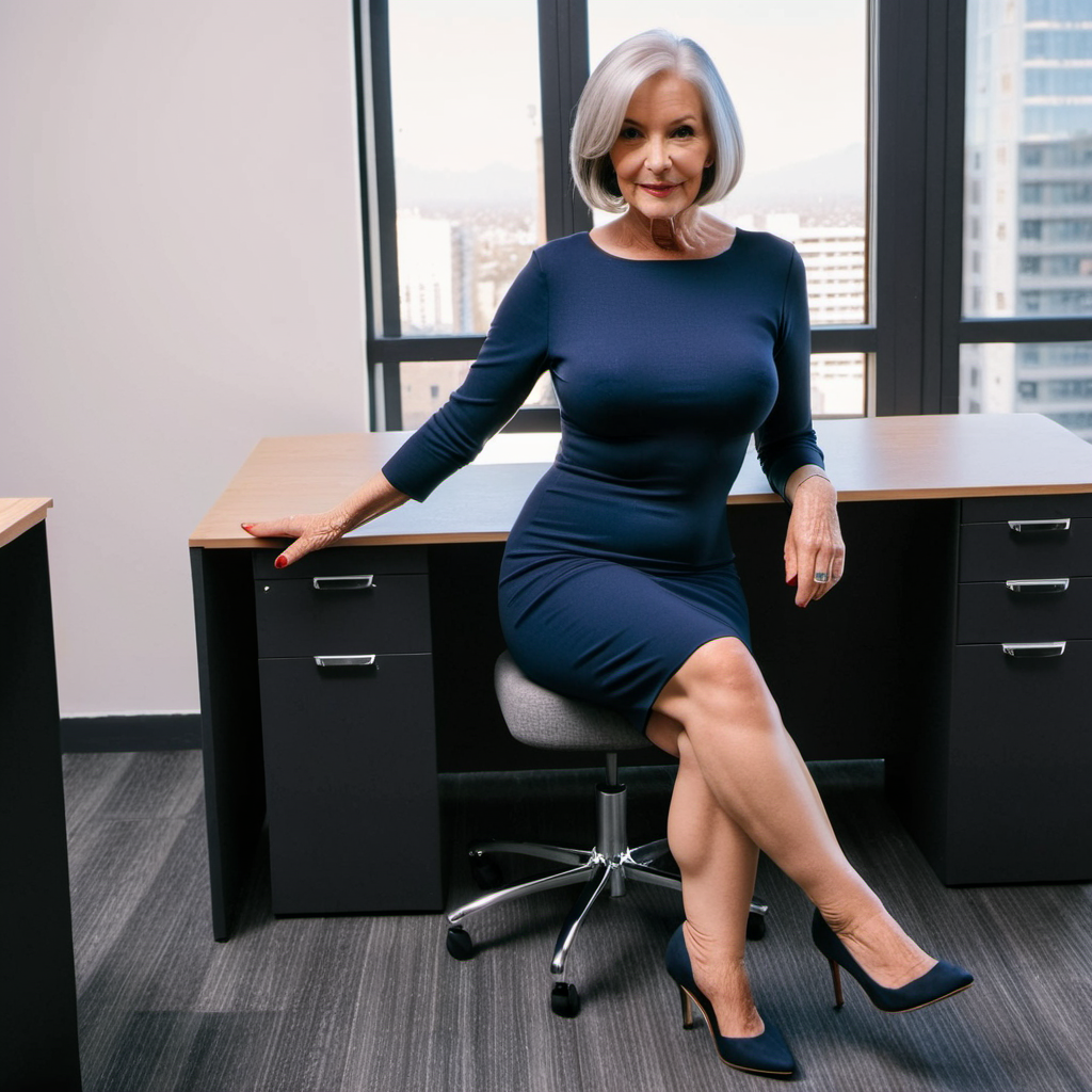 Elegant Mature Woman in Navy Dress and Heels Sitting in Office