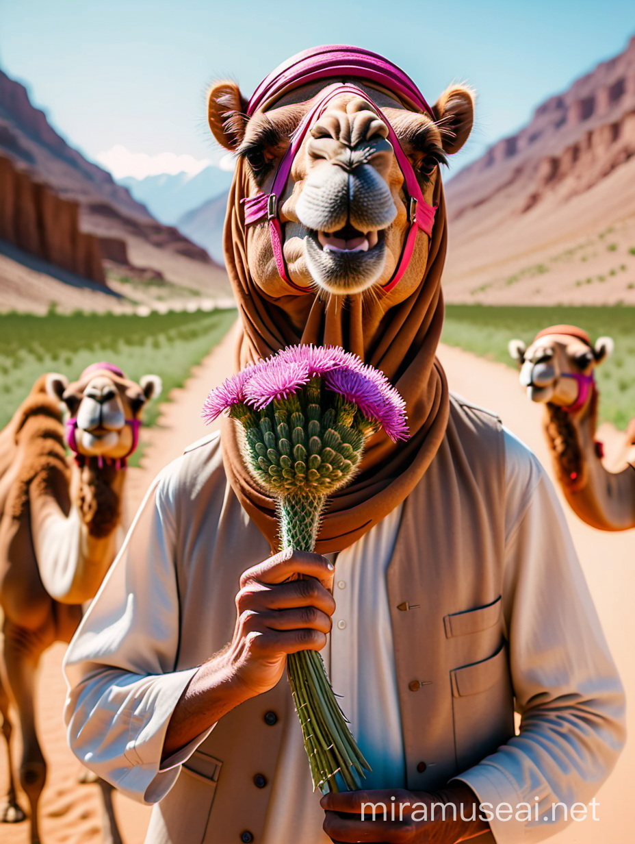 Cinematic Camel Man with Thistle Flowers Enigmatic Pack Shout
