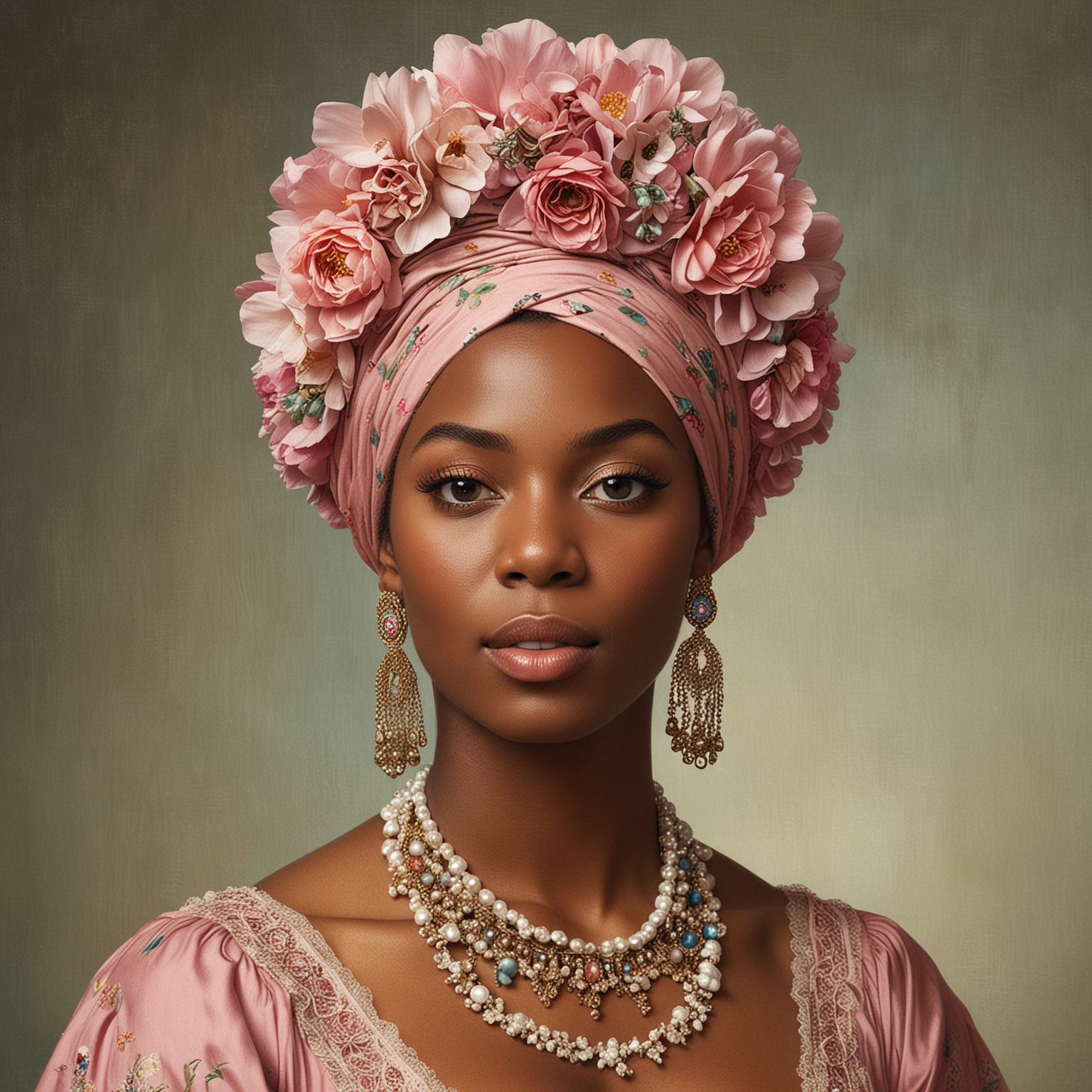 an 18th century black woman in new orleans  during the tignon era. She is beautiful. She is dressed up and her hair is wrapped in a beautiful headwrap that is adorn with flowers and gems.