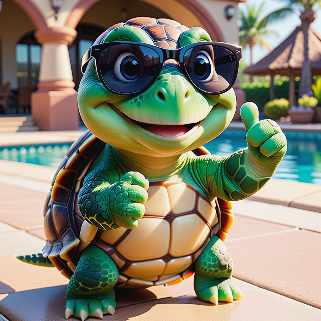 /imagine Disney Pixar picture-style turtle with its thumb up, in a relax posture, wearing cool clothes and black sunglasses