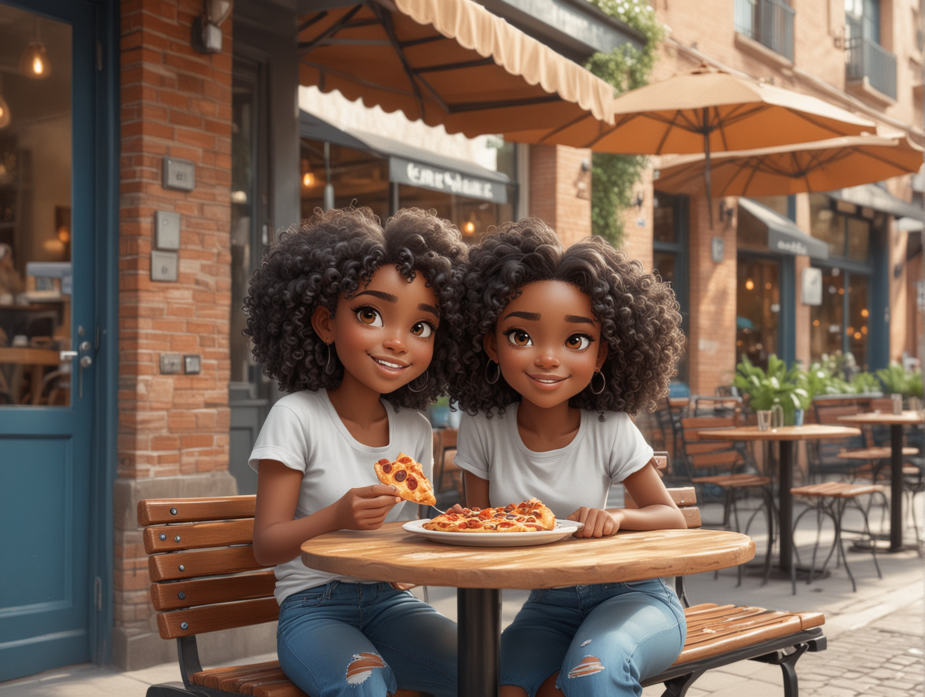 Create a 8k airbrush oil painting of a chibi-proportioned African American woman sitting under an umbrella at a restaurant on a beautiful sunny day. She has voluminous, curly black hair framing her face, with large expressive eyes and long eyelashes. The character is holding a slice of pizza with both hands, close to her mouth as if she's about to take a sip. She wears a casual, stylish outfit consisting of a short-sleeved, round-neck grey T-shirt and high-waisted blue jeans with subtle white distress marks and classic heels..The jeans have a prominent button and realistic seams.  The artwork has a 10x10 aspect ratio and is set against a background of blurred streetscape that suggests a quiet urban setting with greenery and cafe furniture. The overall color palette of the image is rich and vibrant, with an emphasis on blues and earth tones, giving a cozy, inviting atmosphere.  designed for clip art usage.
