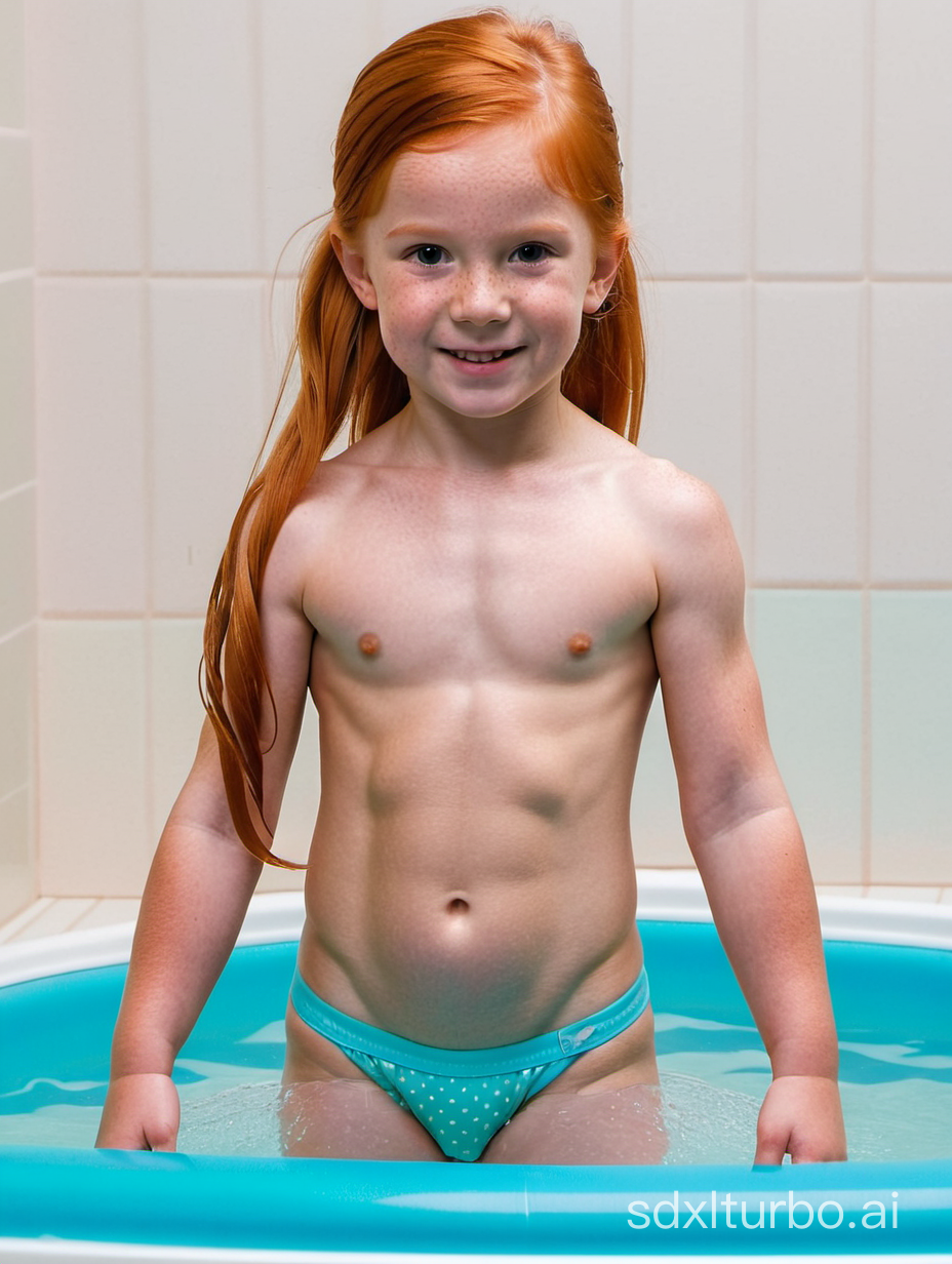 8 years old, long ginger hair, pony tail, flat chested, very muscular abs, showing her belly, bathing