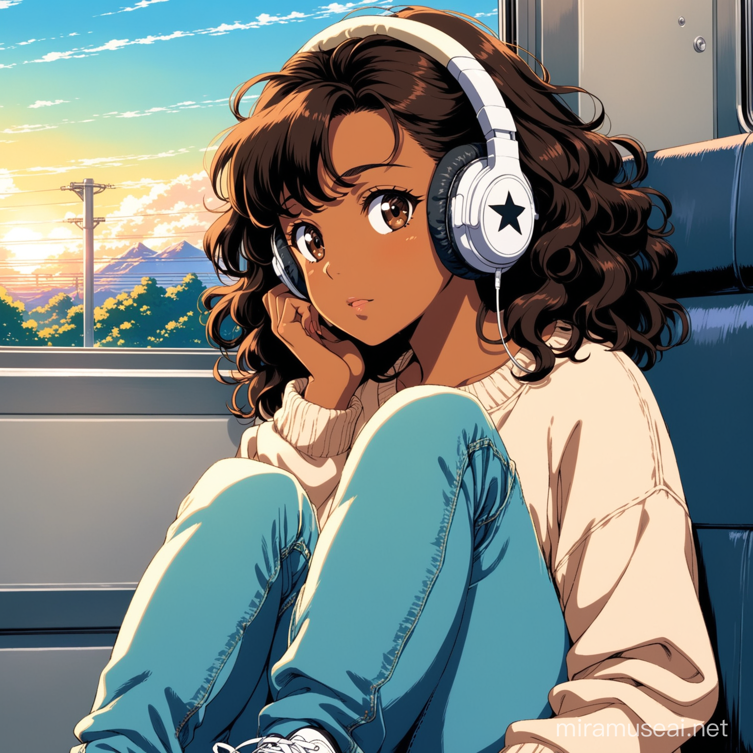 90s anime, detailed,scenic,pretty girl with brown skin and dark brown eyes,with medium length puffy black curly hair sitting in a train and wearing headphones, girl should be looking out the window and wearing a sweater, jeans and converse shoes