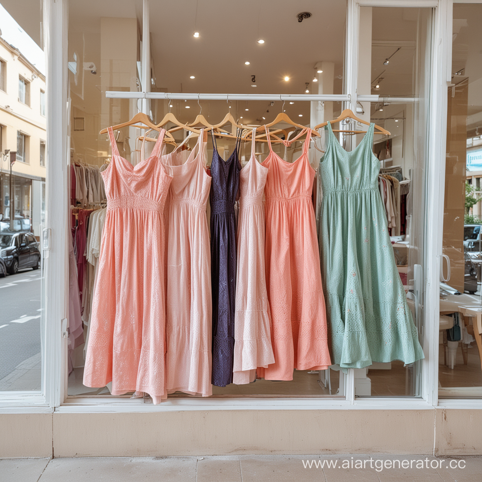 Светлый магазин одежды, на витрине висят красивые платья на вешалках