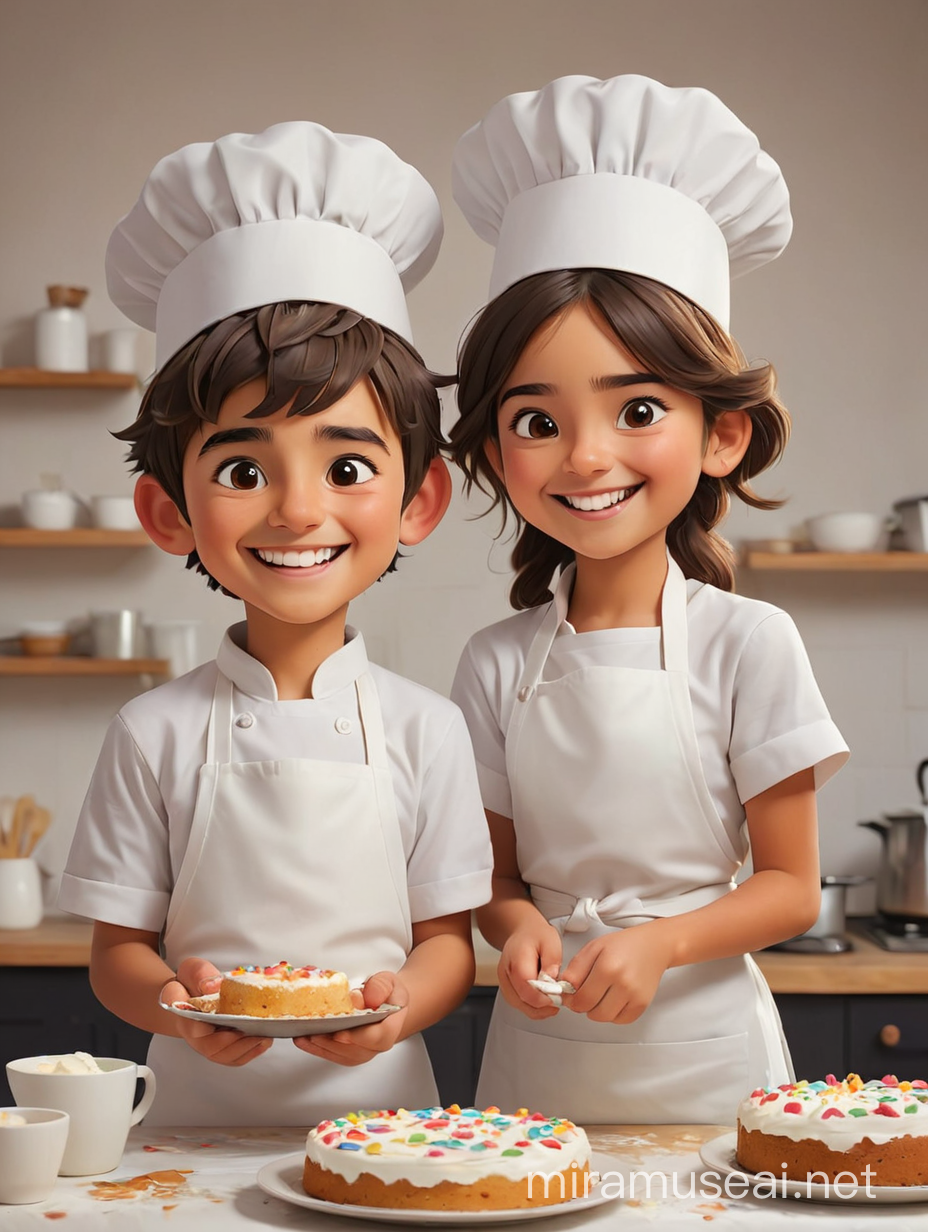 A boy and a girl, cake makers, kid, smiling, making cakes, happy, sketch style, cartoon, mexican face features, using white apron