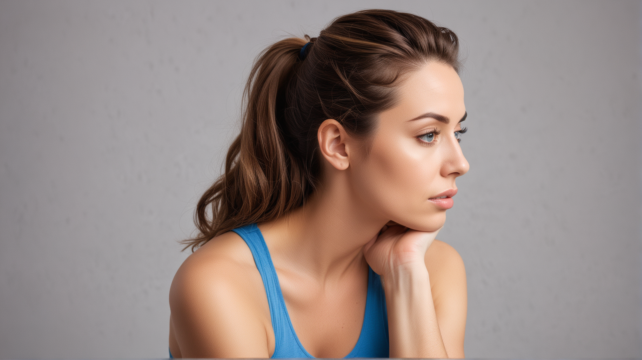 Contemplative Woman in Blue Tank Top Considering Glutathione Injections