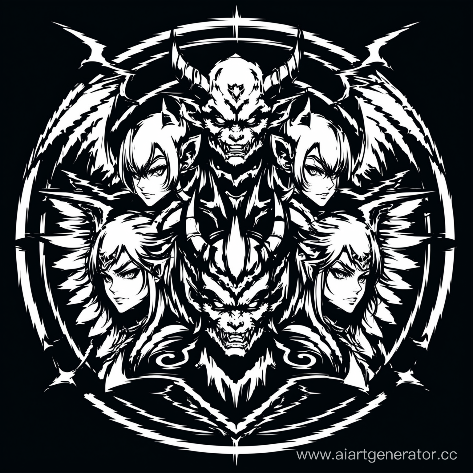 alias of people demons and angels, black and white, avatar for a fighting game, icon on a black background