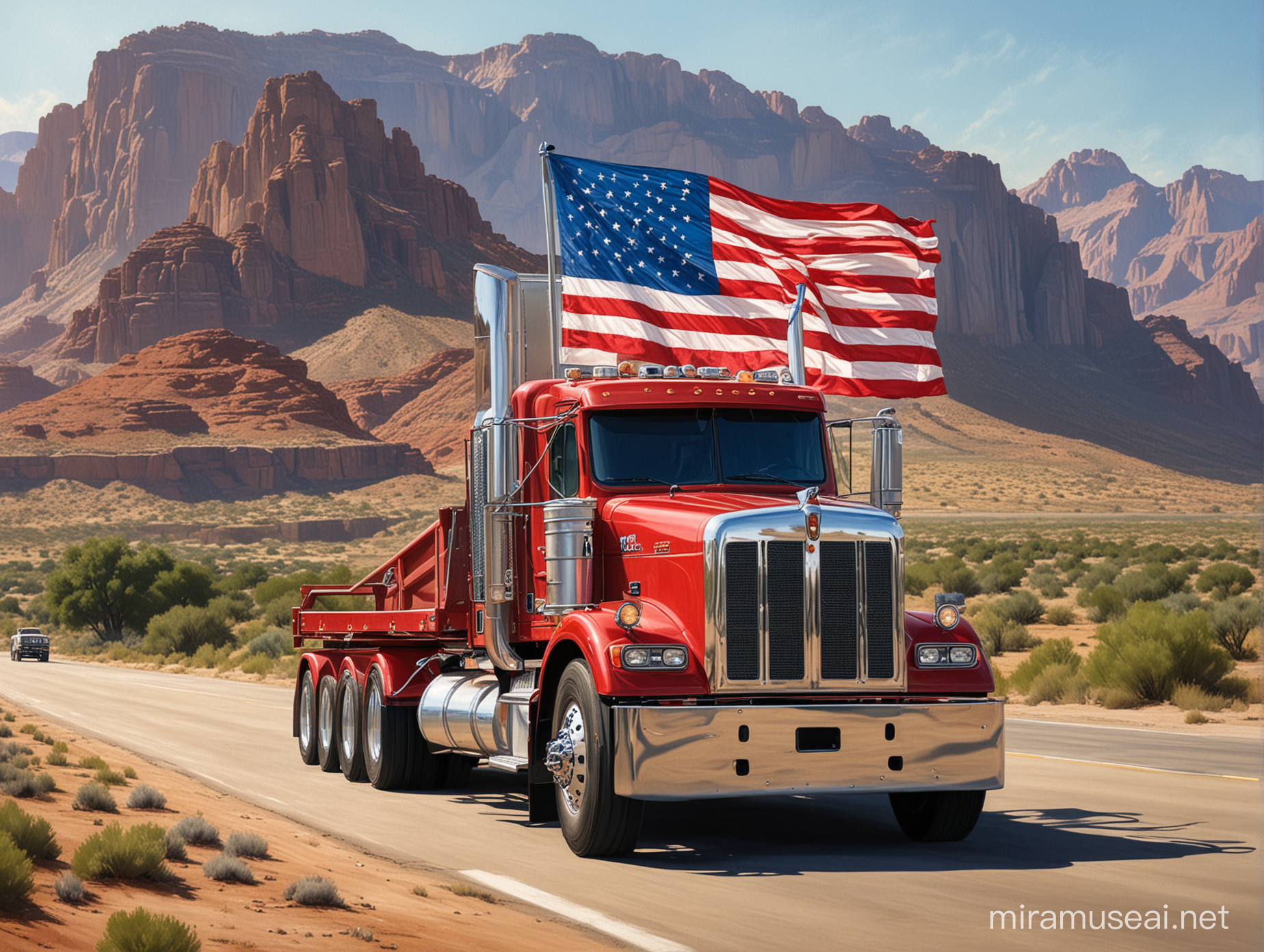 A realistic painting of an American semi-truck:
 * Subject: A gleaming, red, white, and blue semi-truck with chrome details, traveling down an open highway on a sunny day.
 * Style: Realistic, with a focus on photorealism and capturing the质感 of the truck and the American landscape.
 * Lighting: Bright, natural lighting with strong shadows and highlights to create a sense of depth and dimension.
 * Composition: The truck should be the focal point of the image, with the American landscape serving as a backdrop. The use of forced perspective can help to create a sense of speed and movement.
 * Colors: The colors should be vibrant and patriotic, using red, white, and blue as the primary colors. Additional colors can be used to add accents and details.
 * Mood: The overall mood of the painting should be patriotic, hopeful, and inspiring.
Additional details:
 * The truck should be a classic American semi-truck model, such as a Peterbilt or Kenworth.
 * The truck should be heavily customized with chrome details, such as a grille guard, exhaust stacks, and light bars.
 * The American flag should be prominently displayed on the truck, either on the cab or on the trailer.
 * The landscape should be recognizably American, such as a desert, a forest, or a mountain range.
 * The painting should evoke a sense of nostalgia and patriotism for the viewer.
