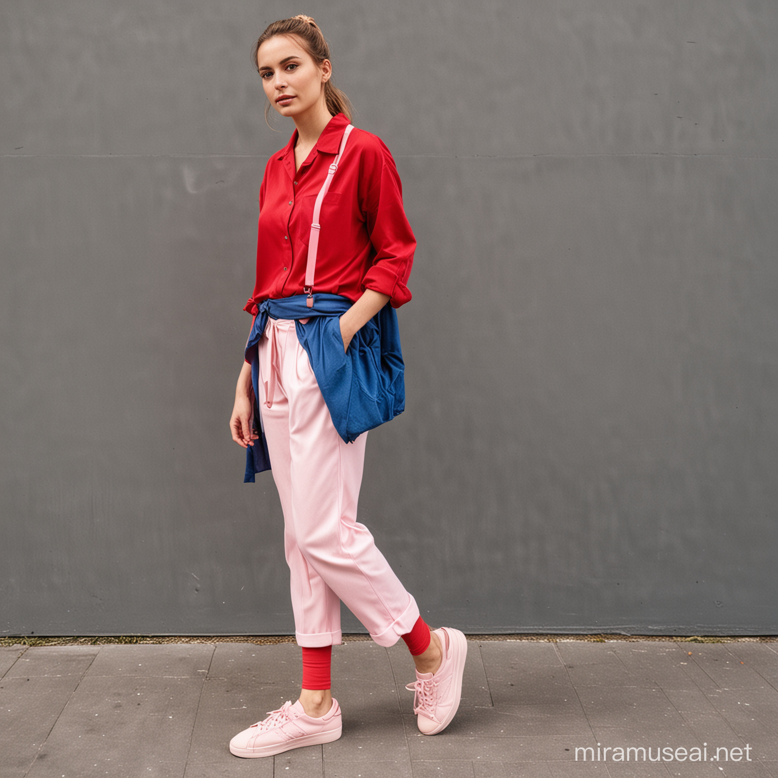 mujer con camisa azul oversize, pantalón sastrero largo rojo y zapatillas tipo ballerinas color rosa suave.