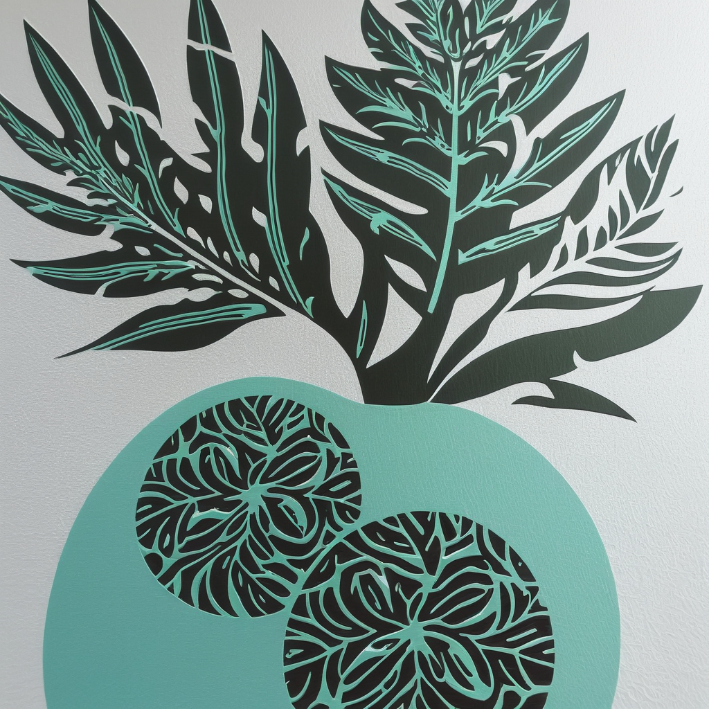 design a modern, circular VECTOR logo featuring 1-3 ulu on the side of the circle- fruit dangling from long shaped leaves similar to a real plant. Do NOT want fruit to look sexual looking. Add West Maui mountains in background, not pointed, beach in the foreground. Block print technique. Hawaiian pattern circular frame. 1-2 color (turquoise and green color) logo. Do not include copy/type on logo. Hawaiian cultural feel. 

