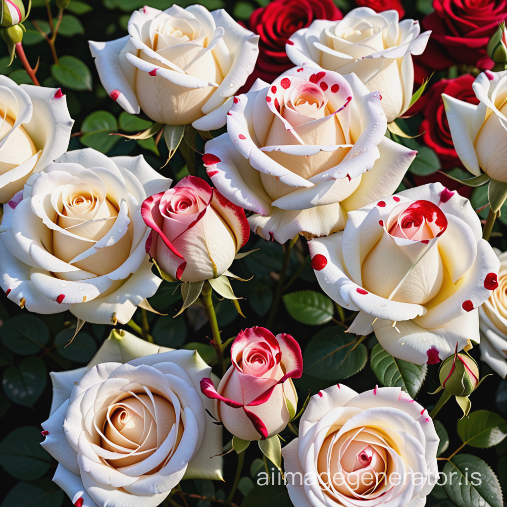 Varias  hermosas rosas blanca con muchas manchas rojas 