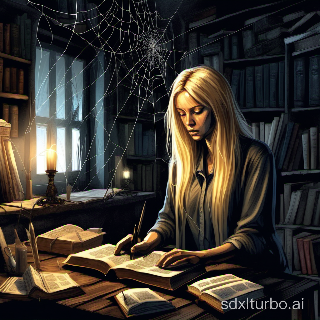 A digital painting of a beautiful Nordic blonde woman with straight hair busy with other activities around her house but the Bible is in a dark corner with cobwebs and she looks stressed