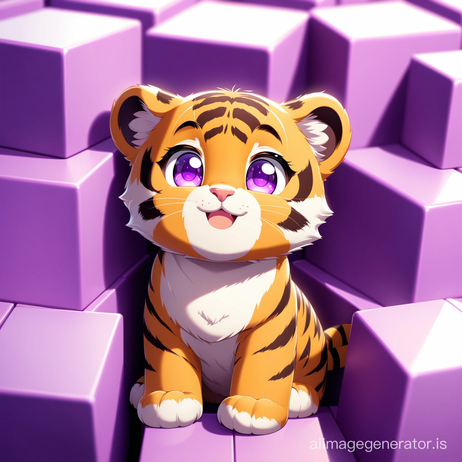A little happy cute little tiger with purple eye and smile in india land with super detail and High Quality
big and purple blocks and floating are seen everywhere
Details are evident beautifully and with great precision