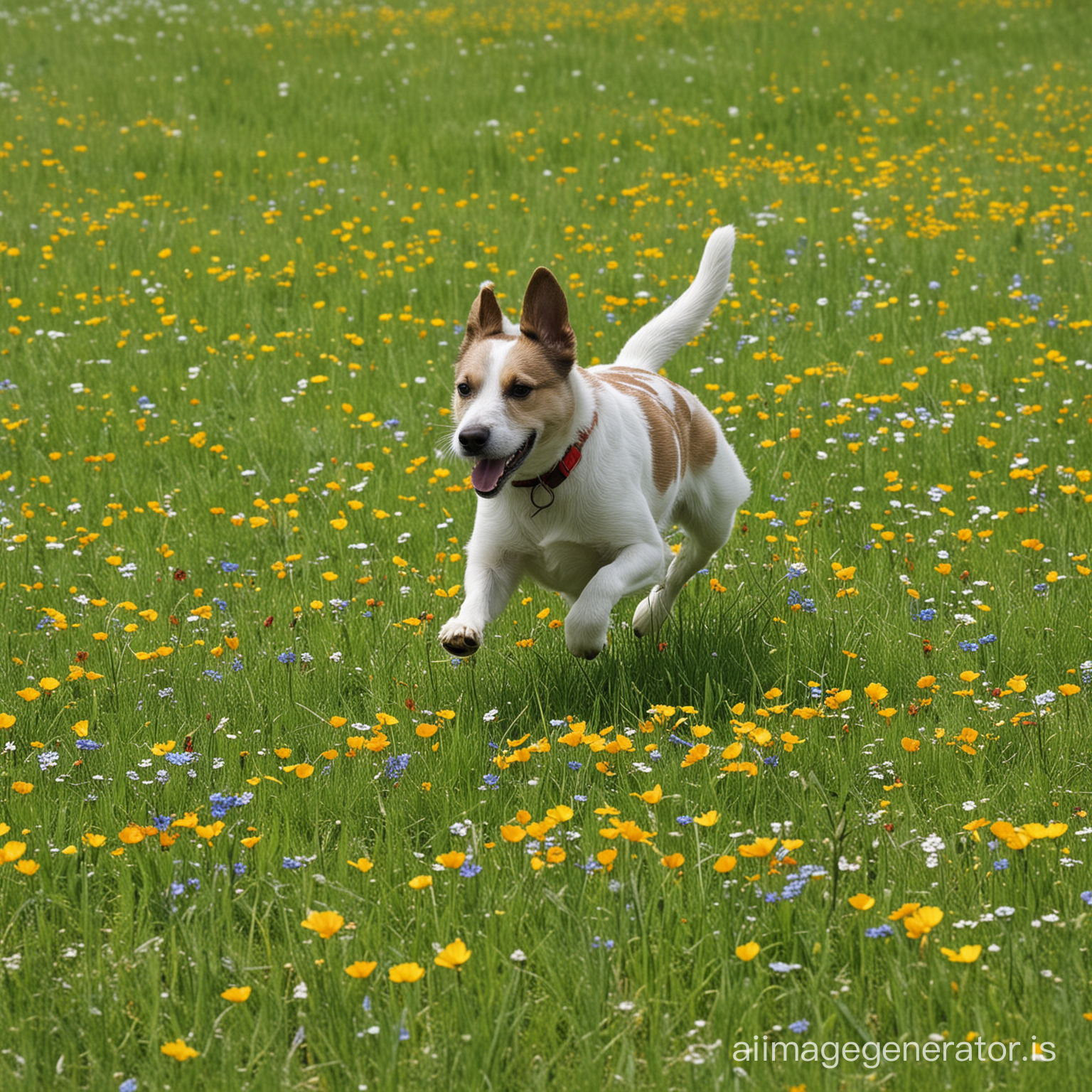Running Squarell on the plain grass, between summer flower.