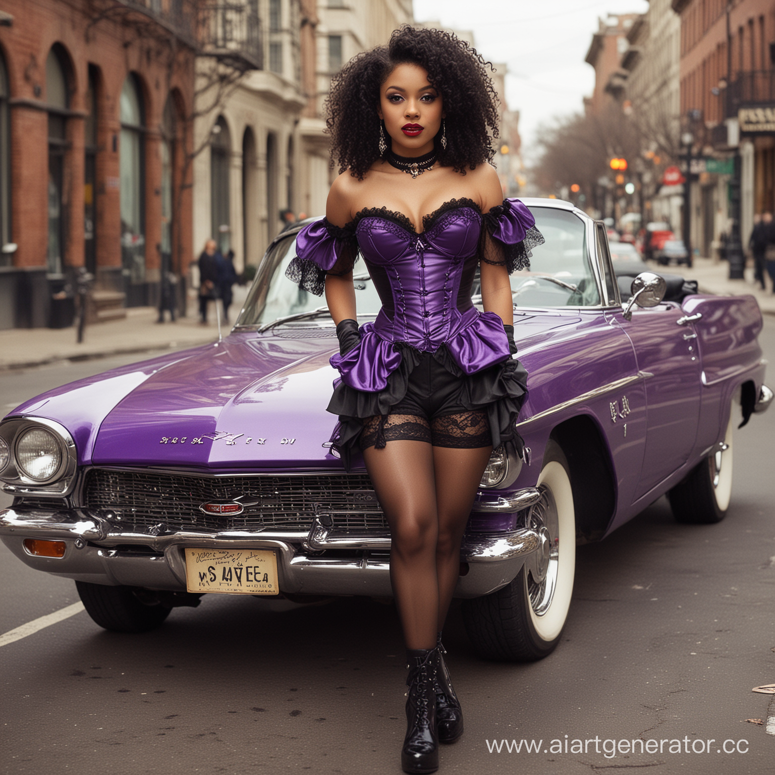A very beautiful slender long-legged American, mulatto, mestizo, student age, short strongly curly lush black hair, Afro hairstyle, fresh and beauty-enhancing defiant Gothic makeup, dark skin of the shade of "coffee with milk" and dark eyes.she is wearing a black and purple lace silk corset with garters and fishnet stockings, purple high-heeled boots above the knee on her feet, purple latex gloves on her hands,her chest is 2 sizes upturned, her face is round with regular features, . It stands on a New York street leaning on an American classic car of the 70s of the 20th century
Pin-up style, vintage style,country style,hippie style,American style,style of the 70s of the 20th century.
femme fatale,vamp woman,pin-up of the century:,ironic,able to present herself, glamorous,passionate,bisexual, promiscuous, lustful, promiscuous, slutty, pornographic, whore, prim, cocky, sexy, unmarried, single, mistress
