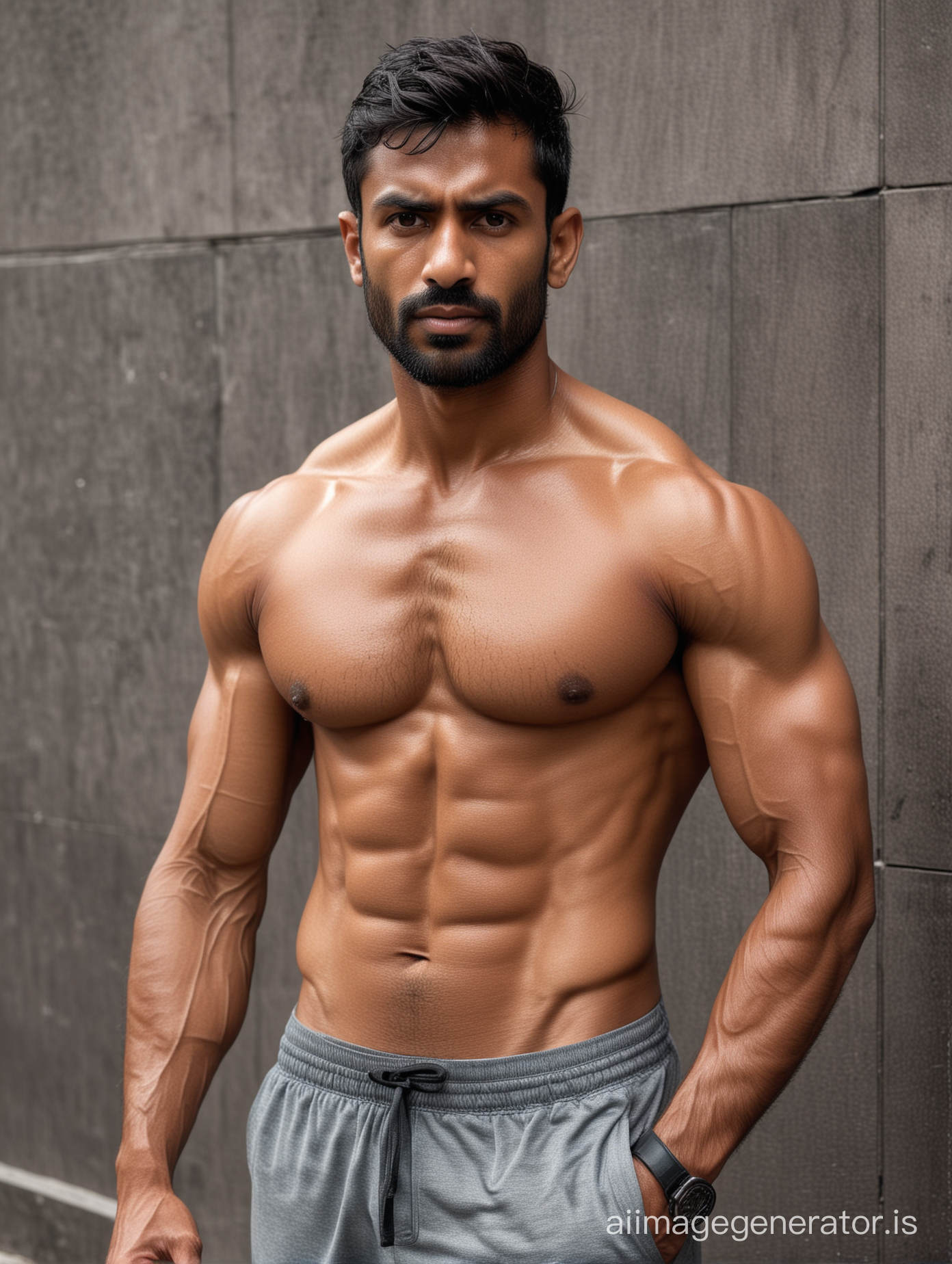 Indian shirtless sweaty muscular man doing a break from workout, looking concentrated