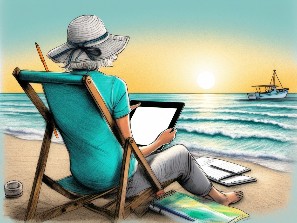 from behind, pastel crayon sketch of a woman sitting in a beach chair at the seashore with a sketch pad, looking at the sunrise and a fishing boat, short white hair, beach hat, turquoise shirt, gray pants