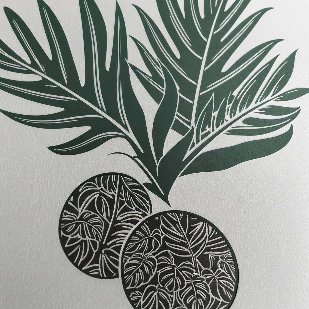 design a modern, circular VECTOR logo featuring 1-3 ulu on the side of the circle- fruit dangling from long shaped leaves similar to a real plant. Do NOT want fruit to look sexual looking. Add West Maui mountains in background, not pointed, beach in the foreground. Block print technique. Hawaiian pattern circular frame. 1-2 color (turquoise and green color) logo. Do not include copy/type on logo. Hawaiian cultural feel. do not cut off circle or leaves. solid white  or transparent background. flat graphics. Add a hawaiian tattoo circular border around ulu plant, plant can extend beyond circle.

