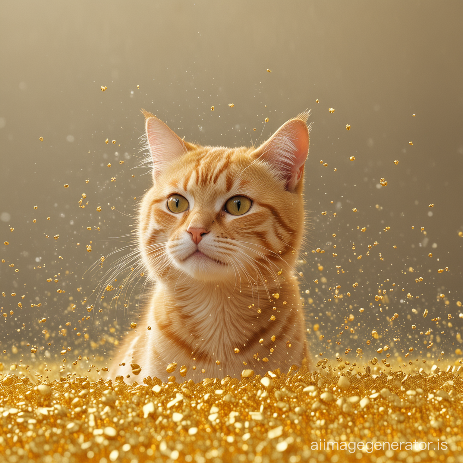 Gold particles raining on yellow striped cat