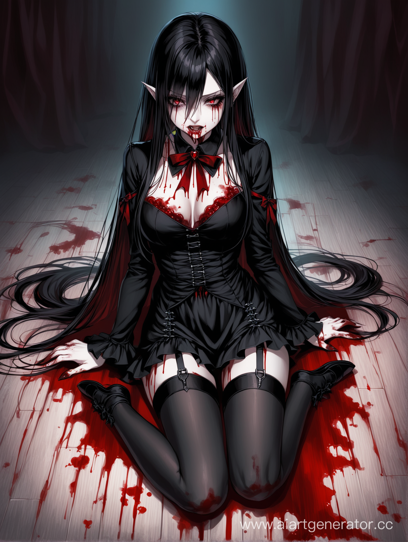 gothic outfit, girl, vampire, floor covered in blood, medium breasts, long hair, blood, stockings, neck decoration.