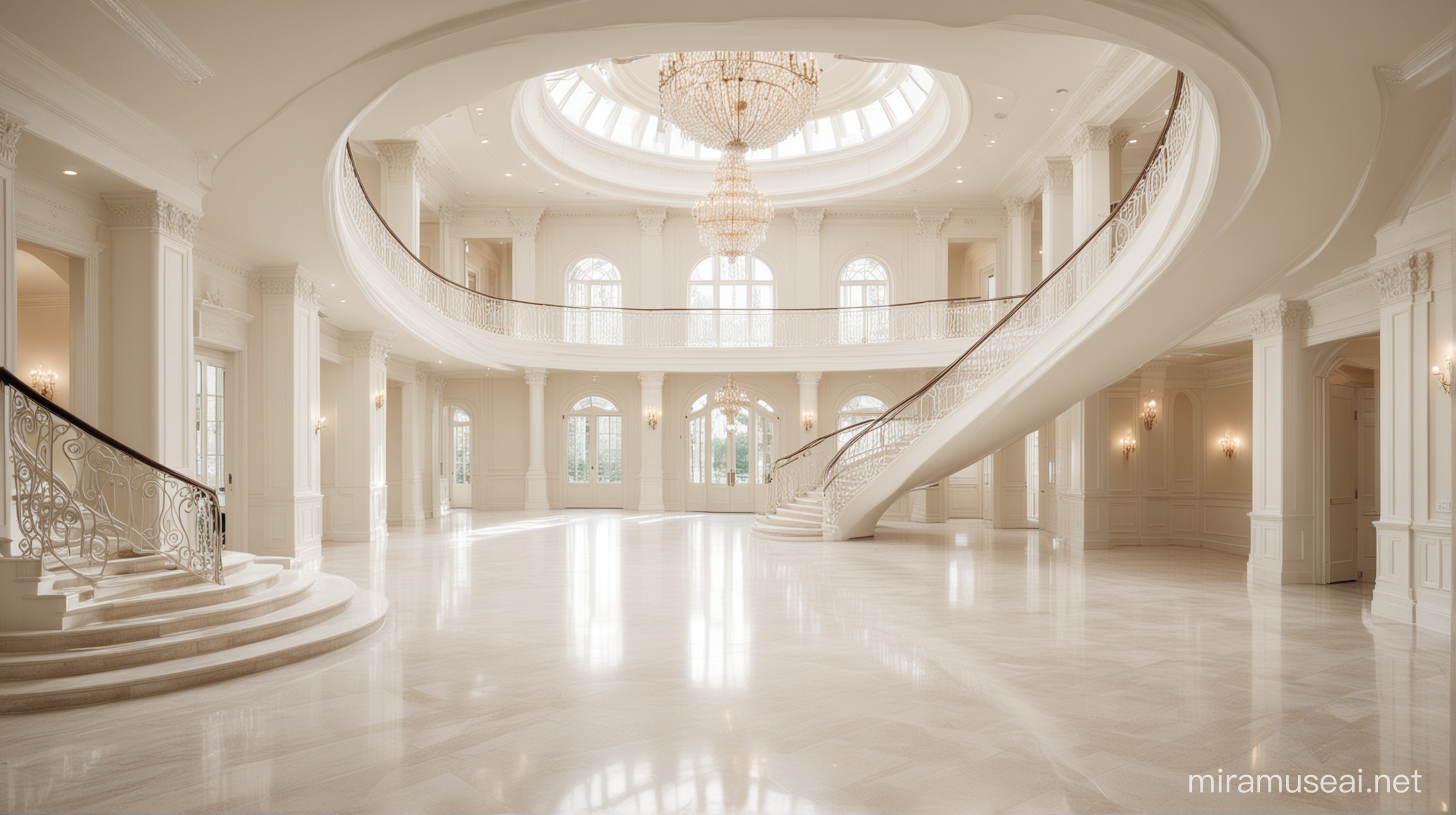 Create an image of an elegant brightly lit ballroom atrium space. The space is shades of white. And there's a curving staircase off center, on the right, with the entry to the stairs straight on, and the curve is going counterclockwise up towards the left side of the image.