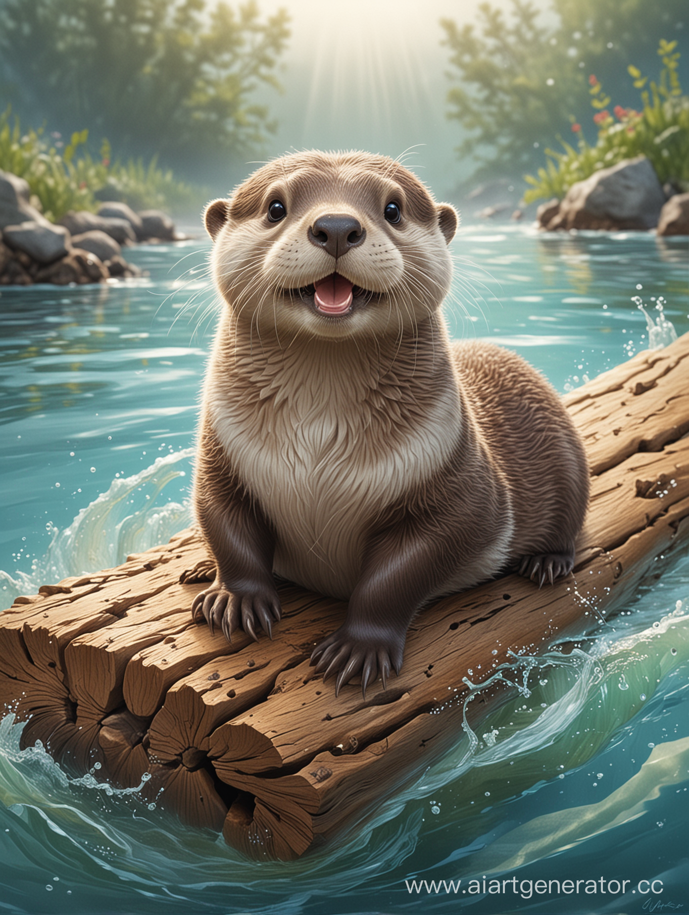 Little joyful otter smiles and lies cutely on a log in the sea, storybook illustration