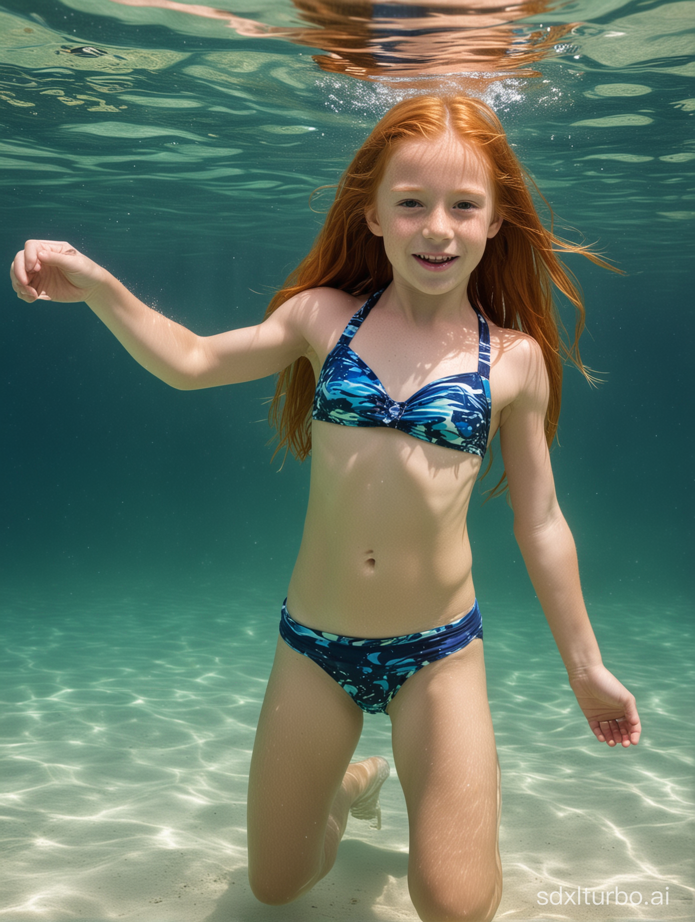 6 years old, long ginger hair, flat chested, very muscular abs, showing her belly, underwater8 years old, long ginger hair