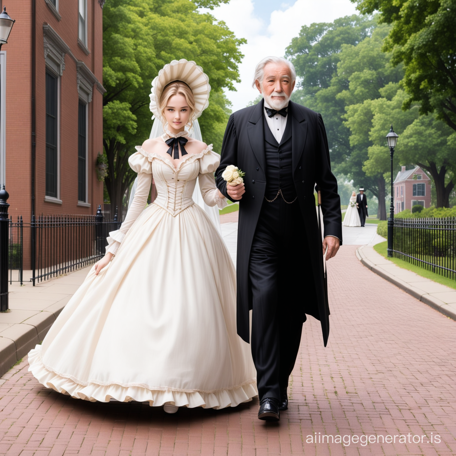 Susan Storm from the FF4 wearing a black floor-length loose billowing 1860 Victorian crinoline poofy dress with a frilly bonnet walking on a Victorian era sidewalk with an old man dressed into a black Victorian suit who seems to be her newlywed husband