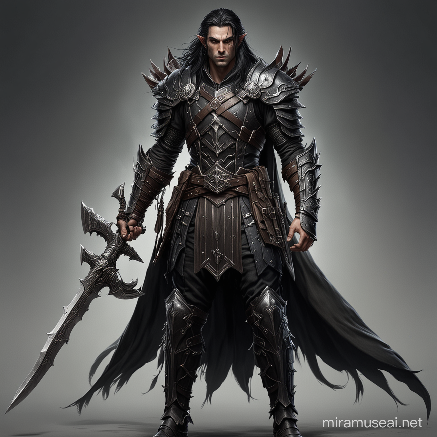 A tall elf warrior with long black hair. He is equipped with dozens of different weapons, enough to supply an army.