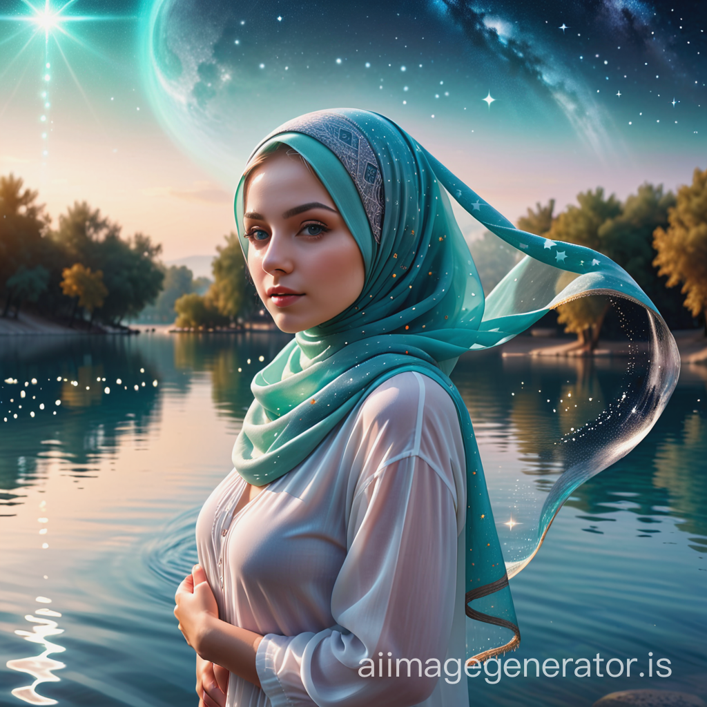 woman in headscarf standing in front of a body of water, transparent figure 0.5, inspired by Yulia Pishtar, Shutterstock, magical realism, stars reflected in water, Islam, photo manipulation, in the center of the image