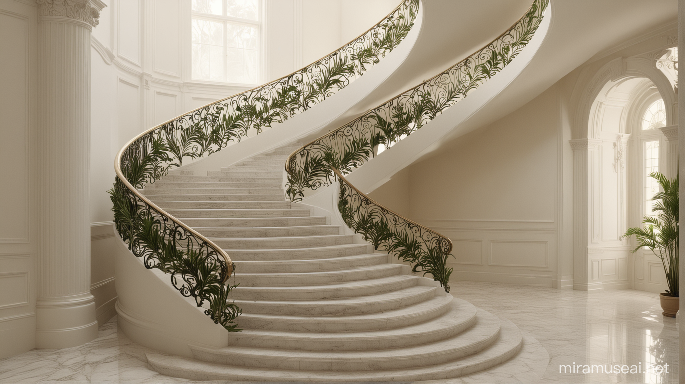 Slightly Curving grand staircase off center elegant cosmic plants no furniture heavenly ethereal 

