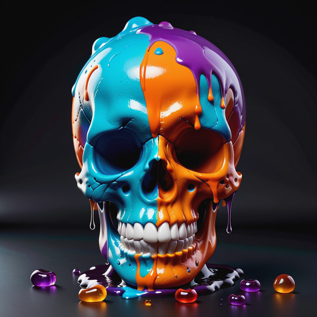 /imagine Disney Pixar picture-style melting skull with holloween colours
