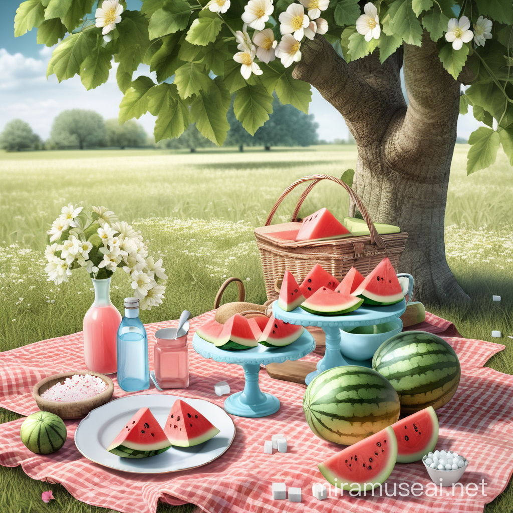 picnic under a tree with watermelons flowers and sugar cubes